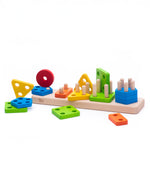 Bajo Sorting Board woodne toy. A wooden sorting toy featuring a wooden base with dowels and different shapes to place on them. These heirloom quality toys by Bajo are part of a wide range of wooden toys available here at Babipur. 