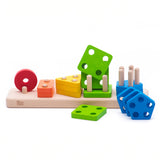Bajo Sorting Board woodne toy. A wooden sorting toy featuring a wooden base with dowels and different shapes to place on them. These heirloom quality toys by Bajo are part of a wide range of wooden toys available here at Babipur. 