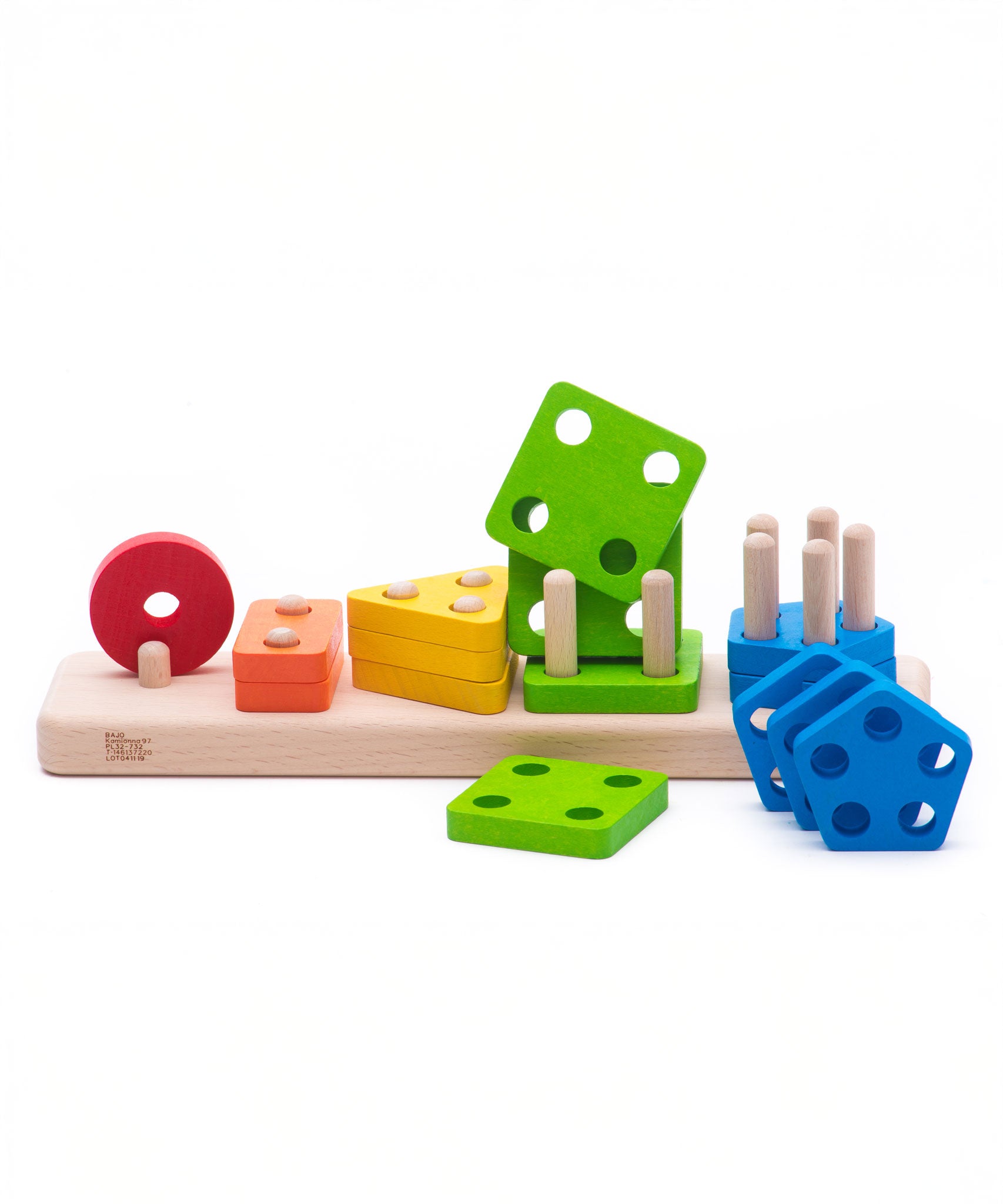 Bajo Sorting Board woodne toy. A wooden sorting toy featuring a wooden base with dowels and different shapes to place on them. These heirloom quality toys by Bajo are part of a wide range of wooden toys available here at Babipur. 