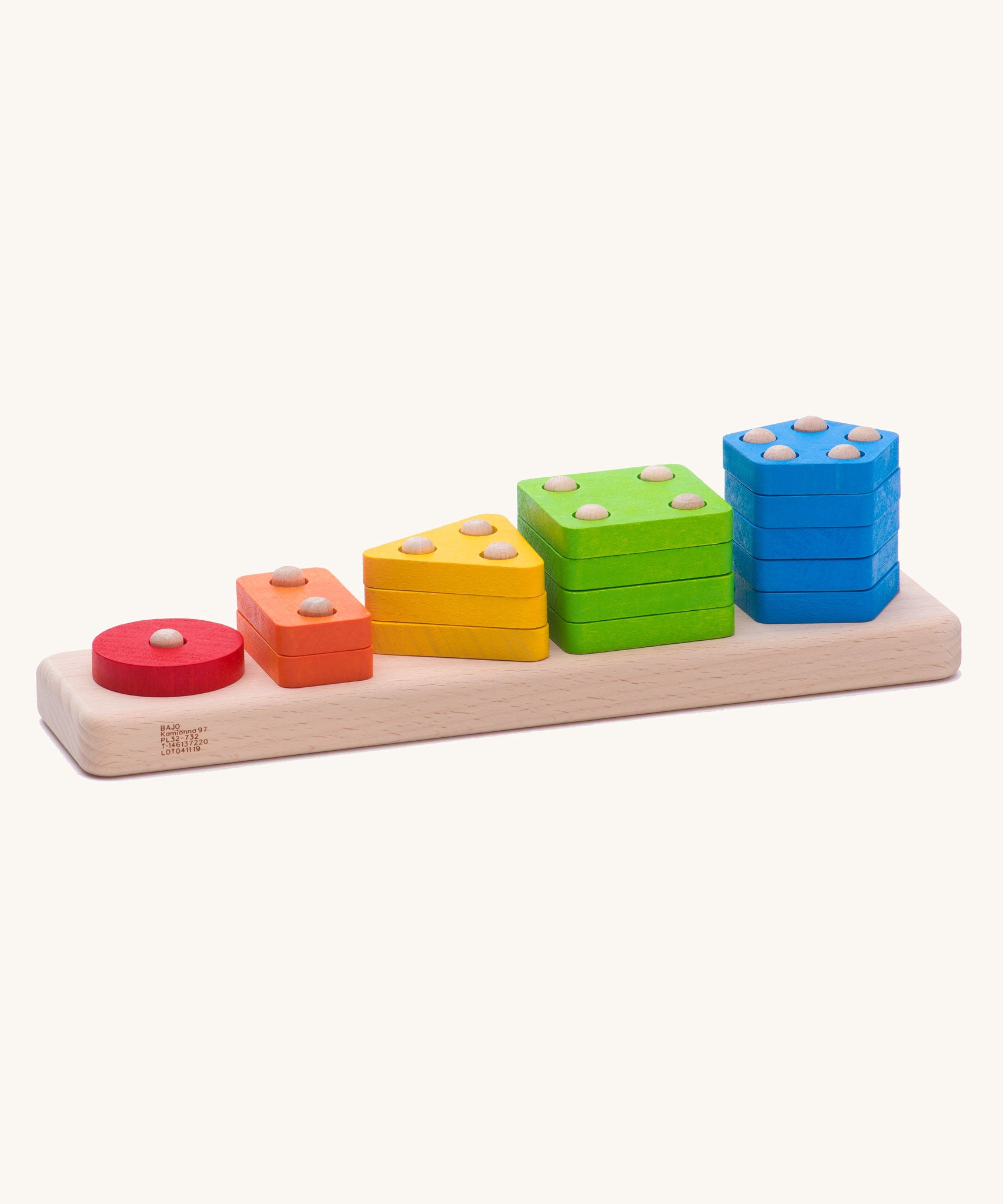 Bajo Sorting Board woodne toy. A wooden sorting toy featuring a wooden base with dowels and different shapes to place on them. These heirloom quality toys by Bajo are part of a wide range of wooden toys available here at Babipur. 