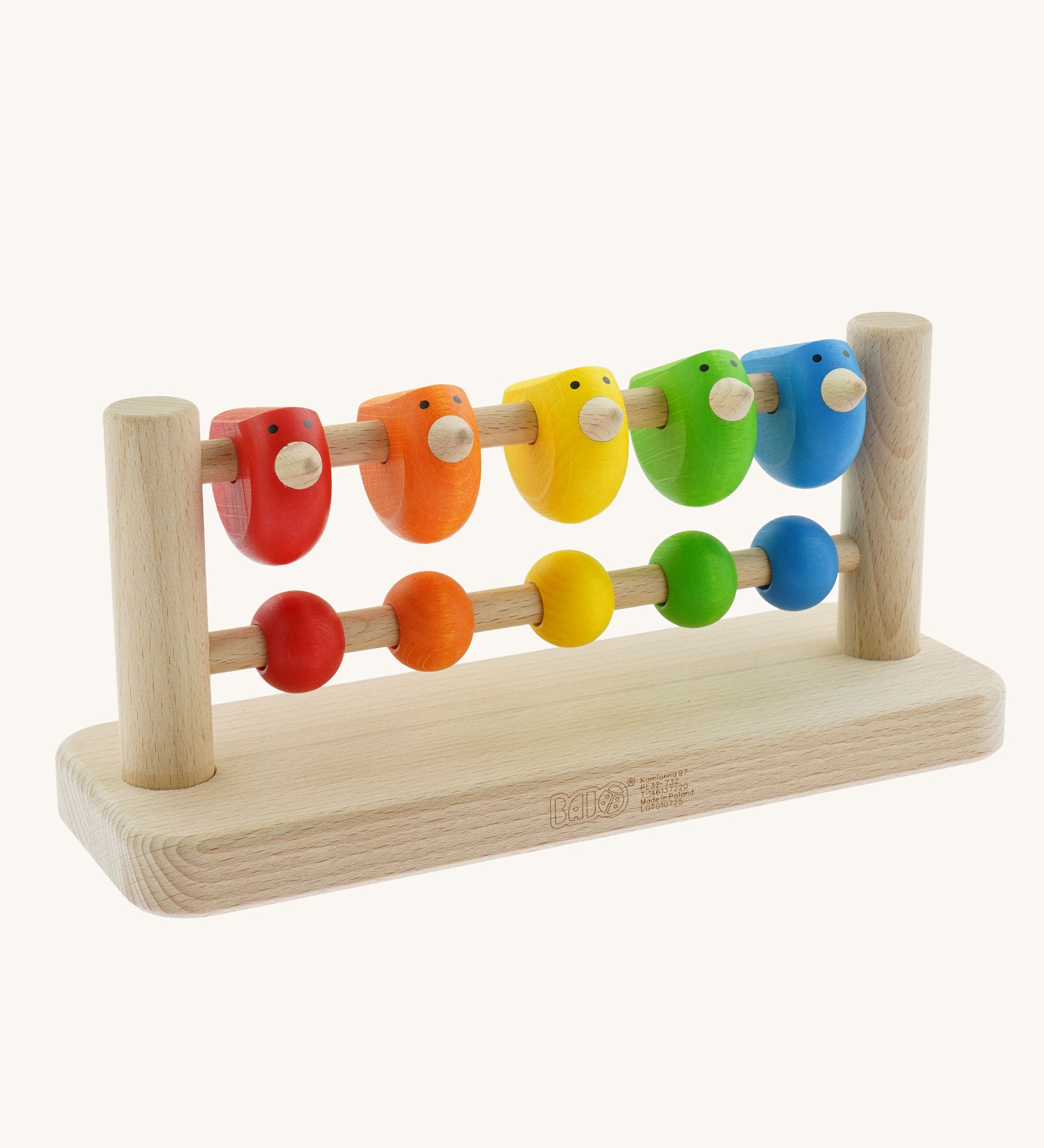 Bajo Sparrow Abacus wooden toy. This abacus has 5 little birds and 5 round counters. These heirloom quality toys by Bajo are part of a wide range of wooden toys available here at Babipur.