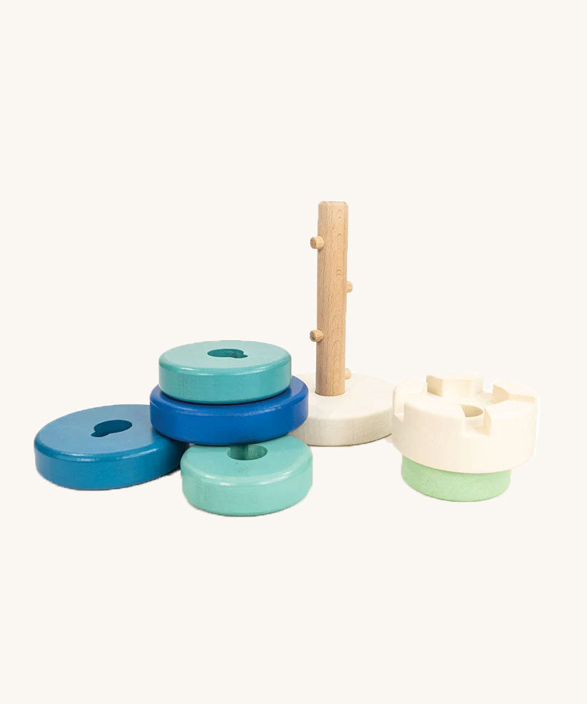 The Bajo Blue Rook Stacking Tower on a plain background.
