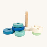 The Bajo Blue Rook Stacking Tower on a plain background.
