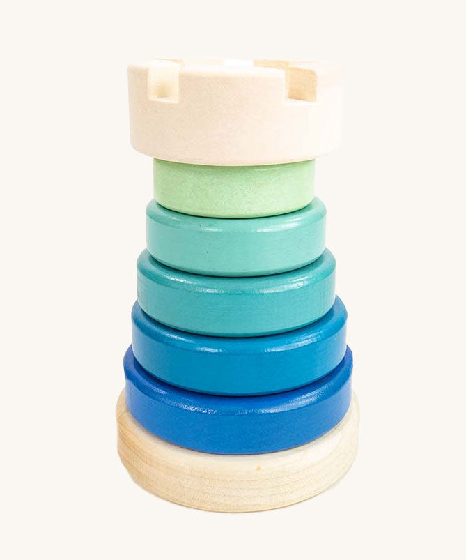 The Bajo Blue Rook Stacking Tower on a plain background.
