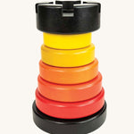 The Bajo Toy Red Rook Stacking Tower on a plain background. 
