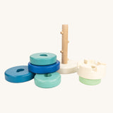 Bajo Stacking Tower in the blue rook colour way. This stacking toy is part of a large range of wooden toys for babies and children available at Babipur. 
