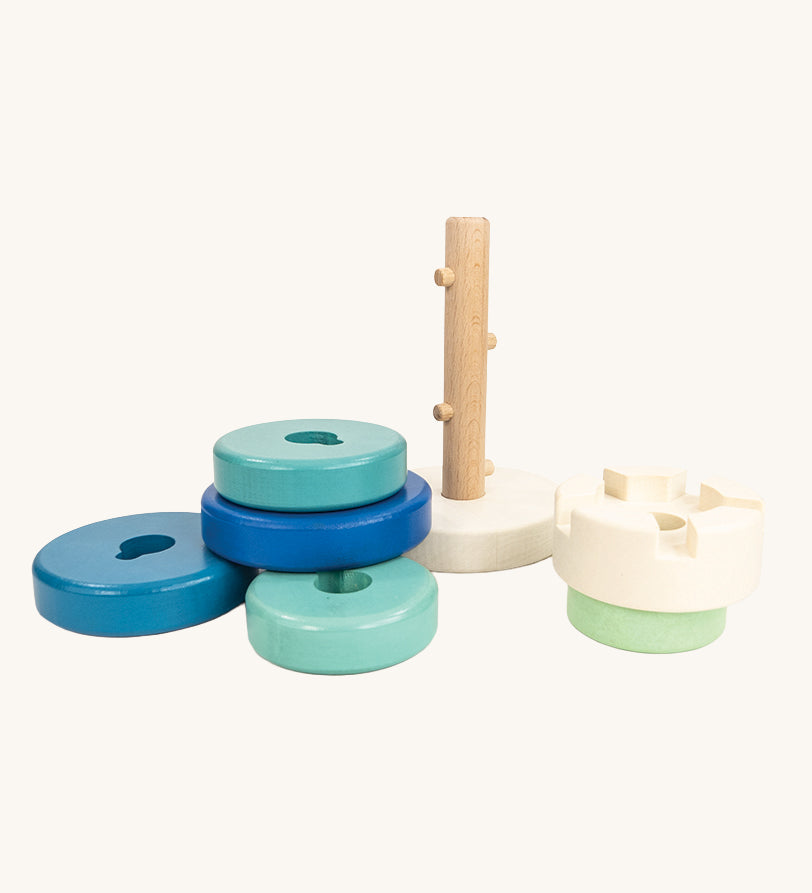 Bajo Stacking Tower in the blue rook colour way. This stacking toy is part of a large range of wooden toys for babies and children available at Babipur. 