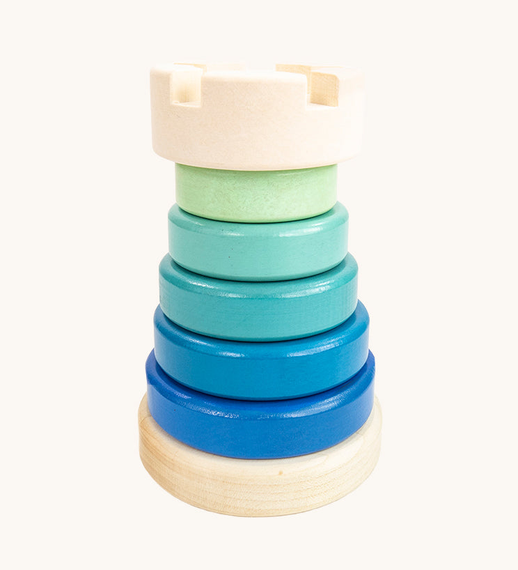 Bajo Stacking Tower in the blue rook colour way. This stacking toy is part of a large range of wooden toys for babies and children available at Bbaipur. 