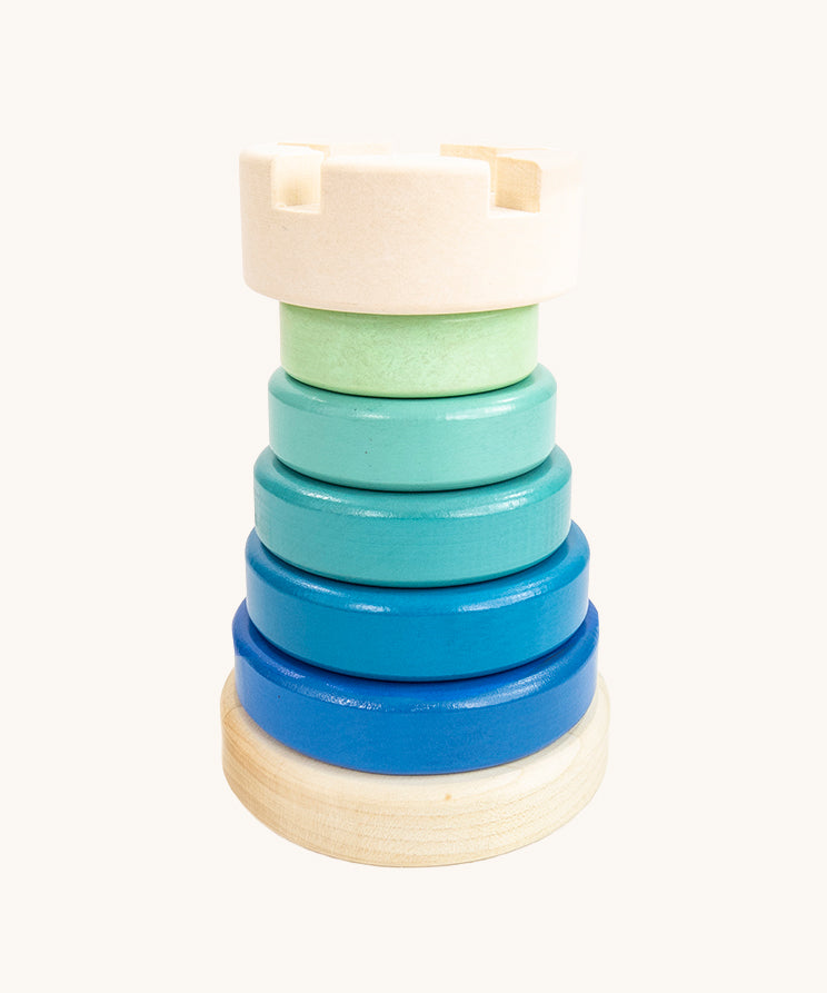 Bajo Stacking Tower in the blue rook colour way. This stacking toy is part of a large range of wooden toys for babies and children available at Bbaipur. 