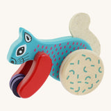 Bajo x Tobe blue wooden jumping squirrel toy available at Babipur. Features a big wheel on the back to push the squirrel up and down