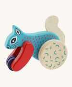 Bajo x Tobe blue wooden jumping squirrel toy available at Babipur. Features a big wheel on the back to push the squirrel up and down