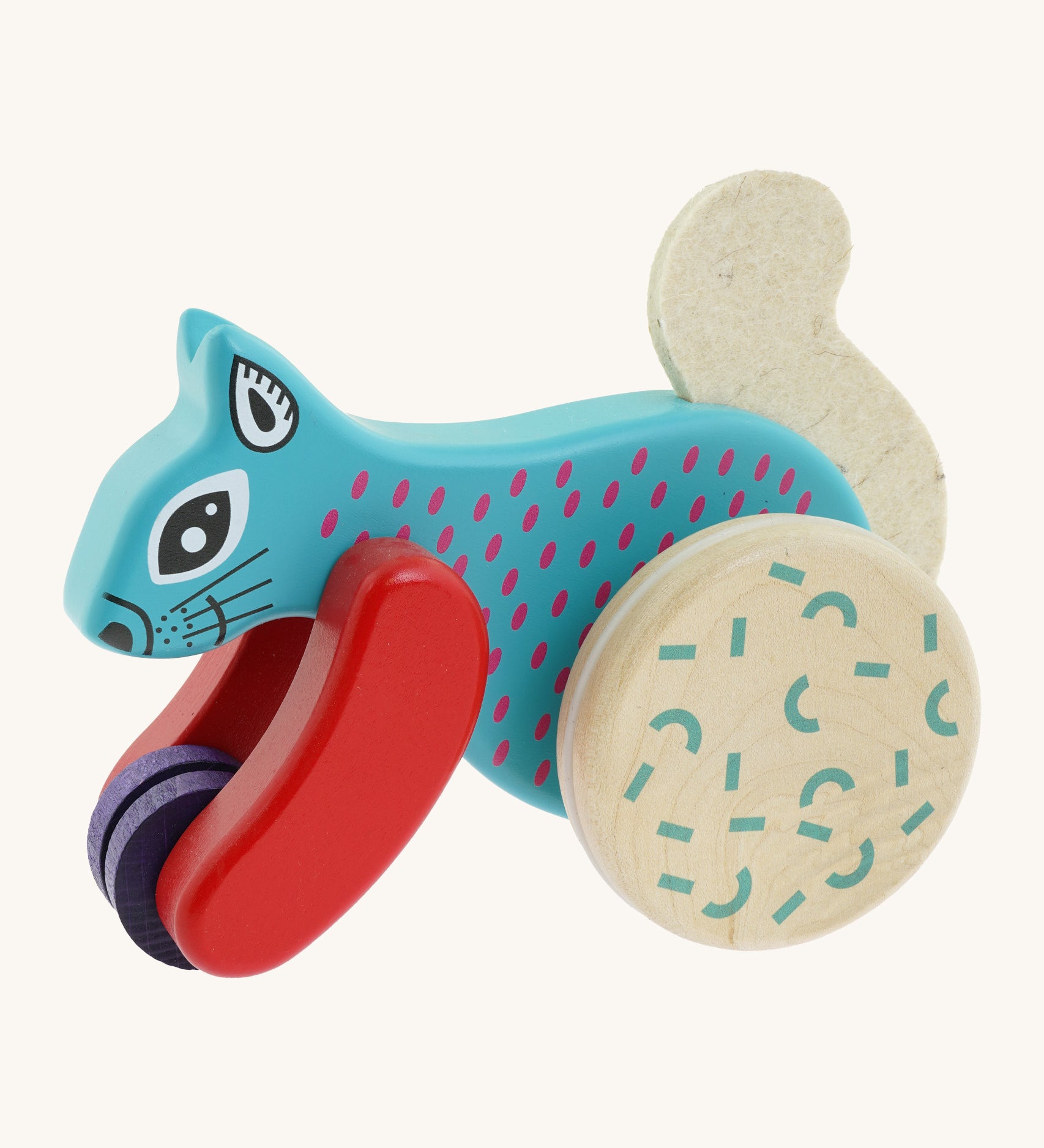 Bajo x Tobe blue wooden jumping squirrel toy available at Babipur. Features a big wheel on the back to push the squirrel up and down