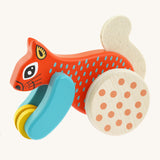 Bajo x Tobe red wooden jumping squirrel toy available at Babipur. Features a big wheel on the back to push the squirrel up and down