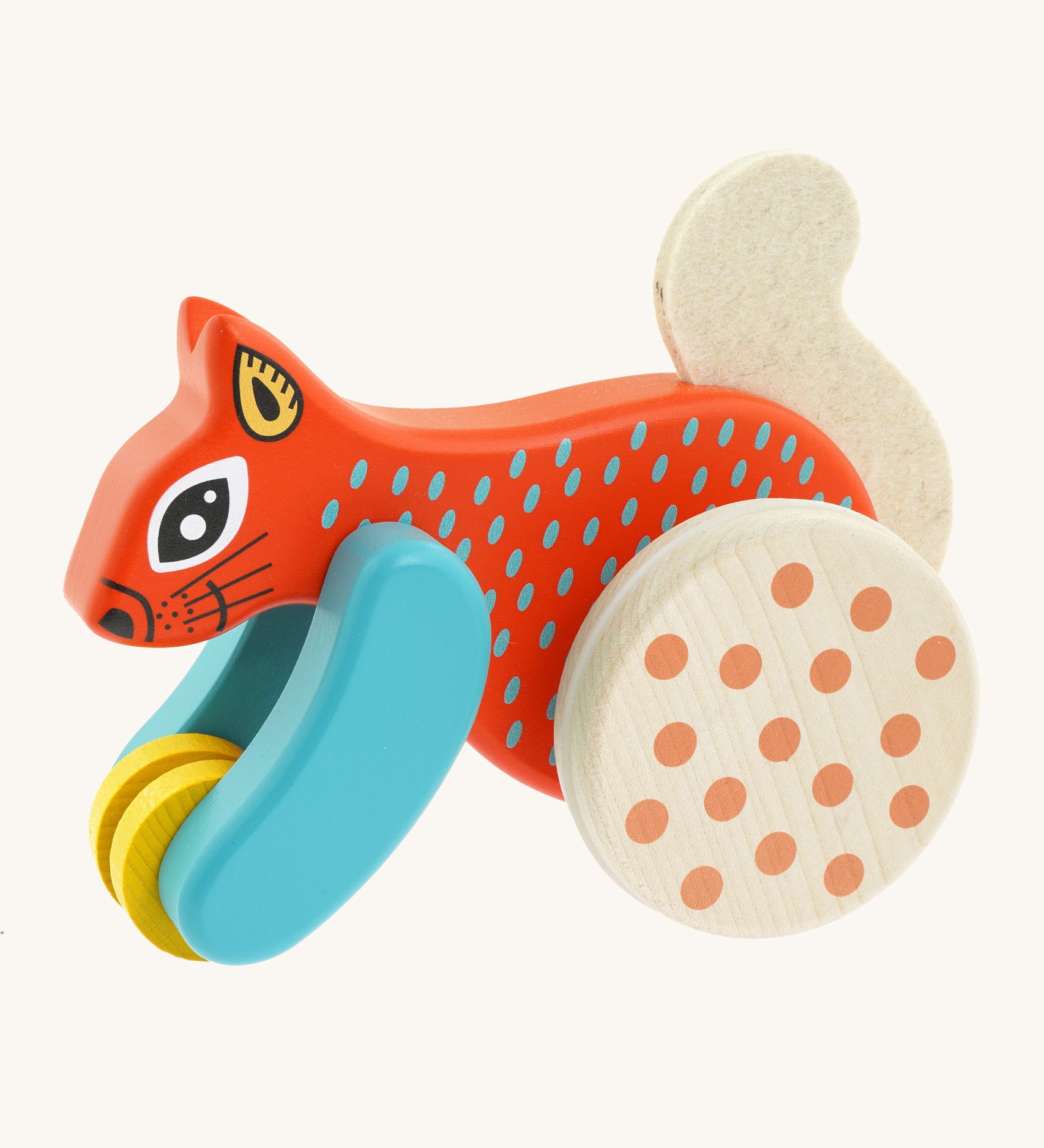Bajo x Tobe red wooden jumping squirrel toy available at Babipur. Features a big wheel on the back to push the squirrel up and down