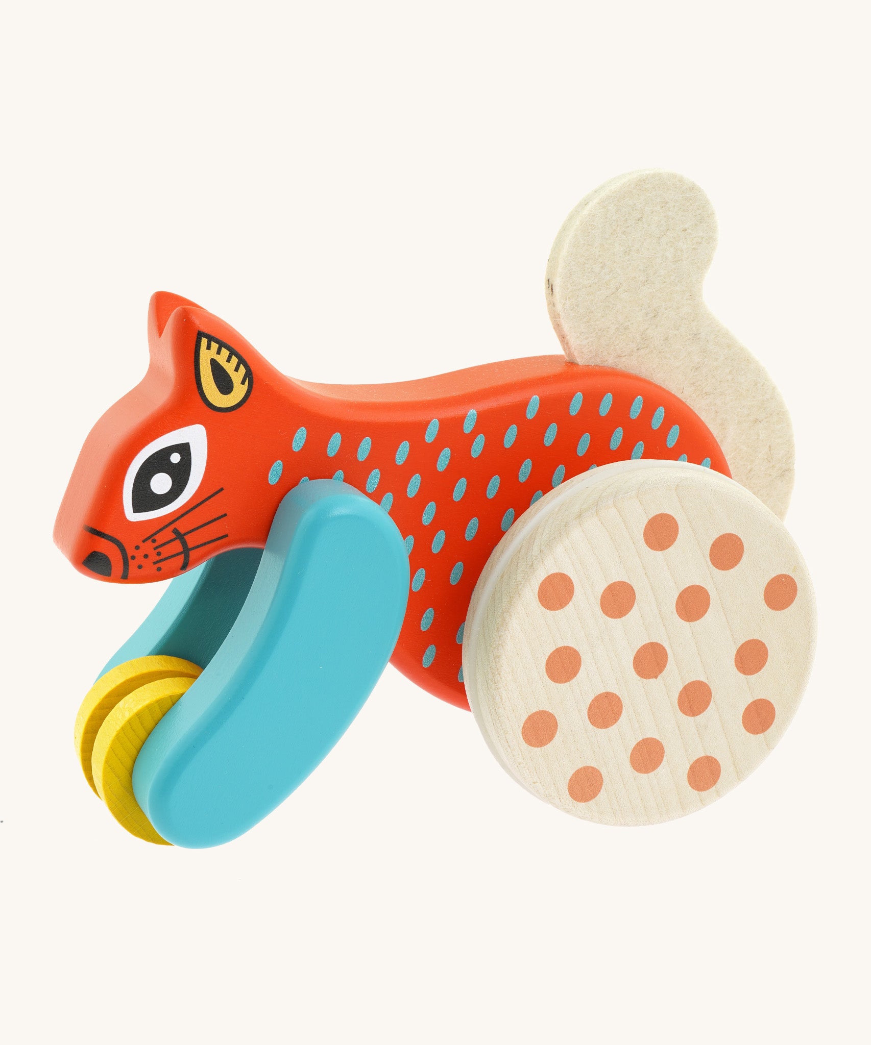 Bajo x Tobe red wooden jumping squirrel toy available at Babipur. Features a big wheel on the back to push the squirrel up and down