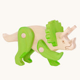 Tobe Extinct Animals Triceratops wooden toy figure. A natural wooden body with green coloured legs and headdress details. These heirloom quality toys by Bajo are part of a wide range of wooden toys available here at Babipur. 