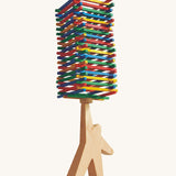 Bajo Athlete wooden stacking and balance game. A wooden toy figure used as a base to stack colourful slim wooden batons.