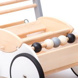 Close up of the monochrome 5 wooden ball abacus on the front of the Bajo monochrome baby walker.