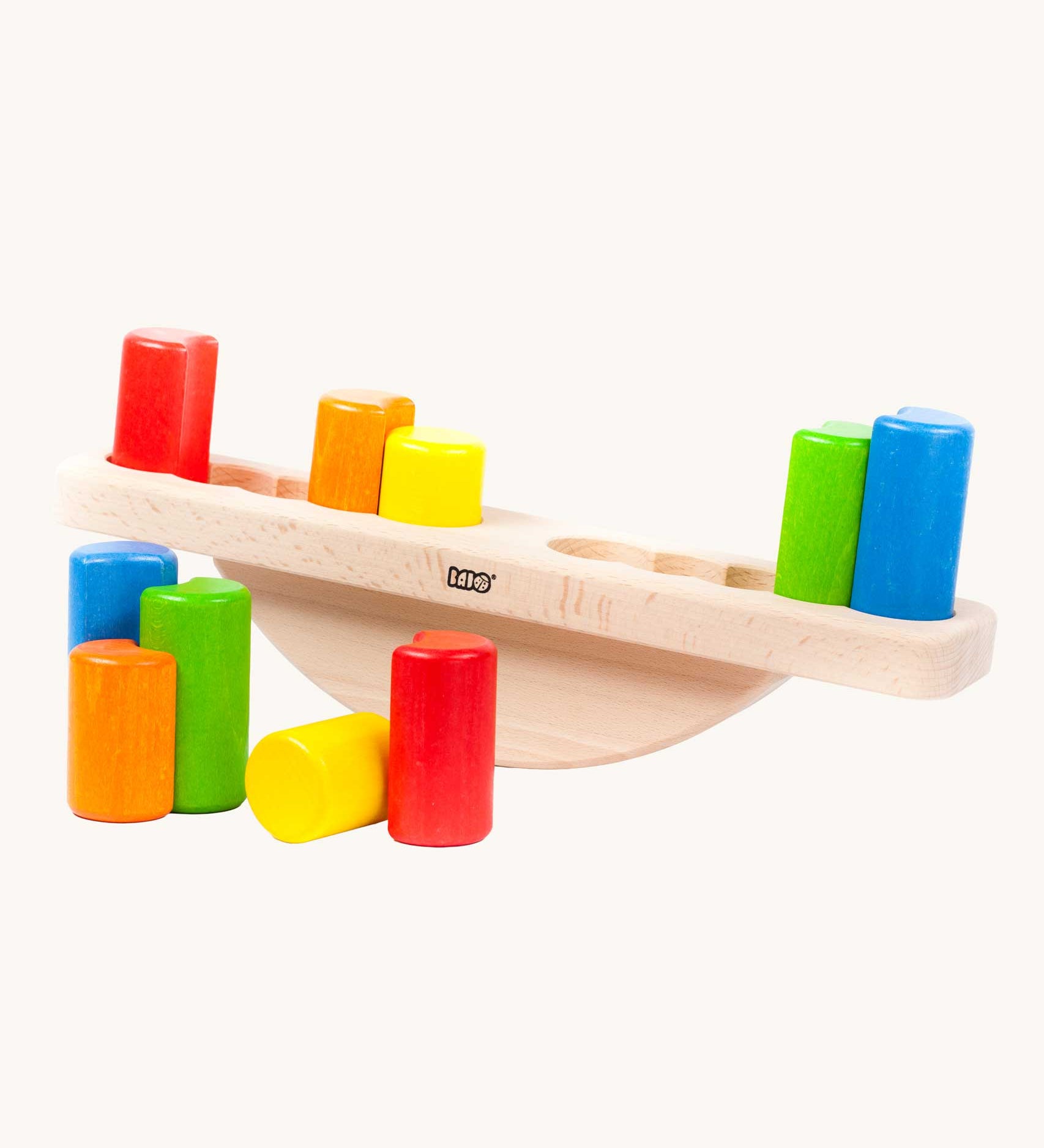 Bajo Balance Scale wooden toy. A wooden base with a curved base with coloured wooden blocks that sit on top. These heirloom quality toys by Bajo are part of a wide range of wooden toys available here at Babipur.
