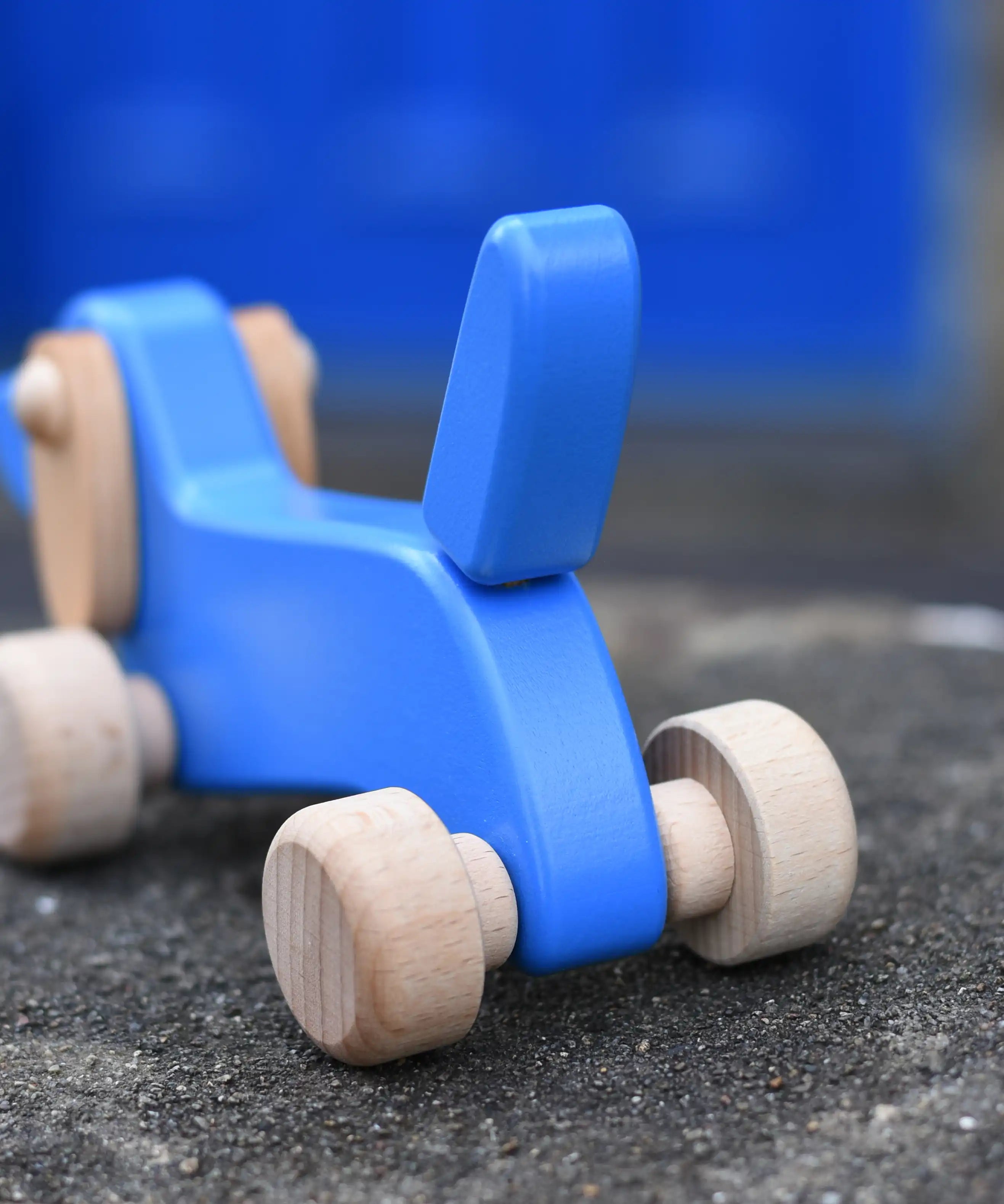 Close up of the blue wooden tail on the Bajo blue dachshund puppy placed on a stone wall outdoors. 