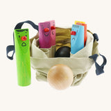 Bajo Fellow Skittles wooden toy game. Six coloured wooden skittles decorated with faces with red noses. The set comes with two wooden balls.  These heirloom quality toys by Bajo are part of a wide range of wooden toys available here at Babipur.