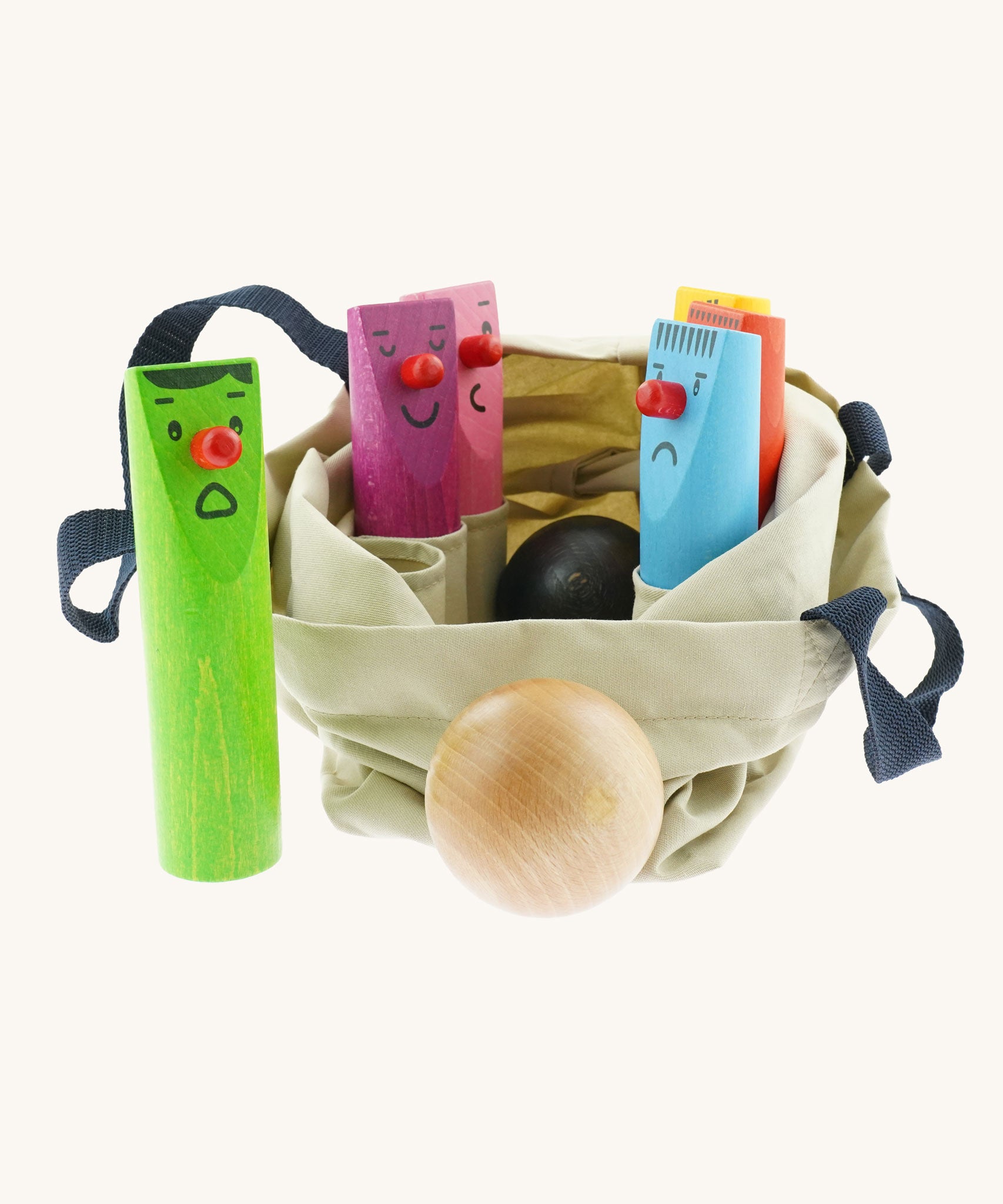 Bajo Fellow Skittles wooden toy game. Six coloured wooden skittles decorated with faces with red noses. The set comes with two wooden balls.  These heirloom quality toys by Bajo are part of a wide range of wooden toys available here at Babipur.