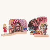 Bajo Toys Hansel and Gretel Wooden Theatre play set. Wooden base pieces and Hansel and Gretel themed scenery that scenery lot into them.