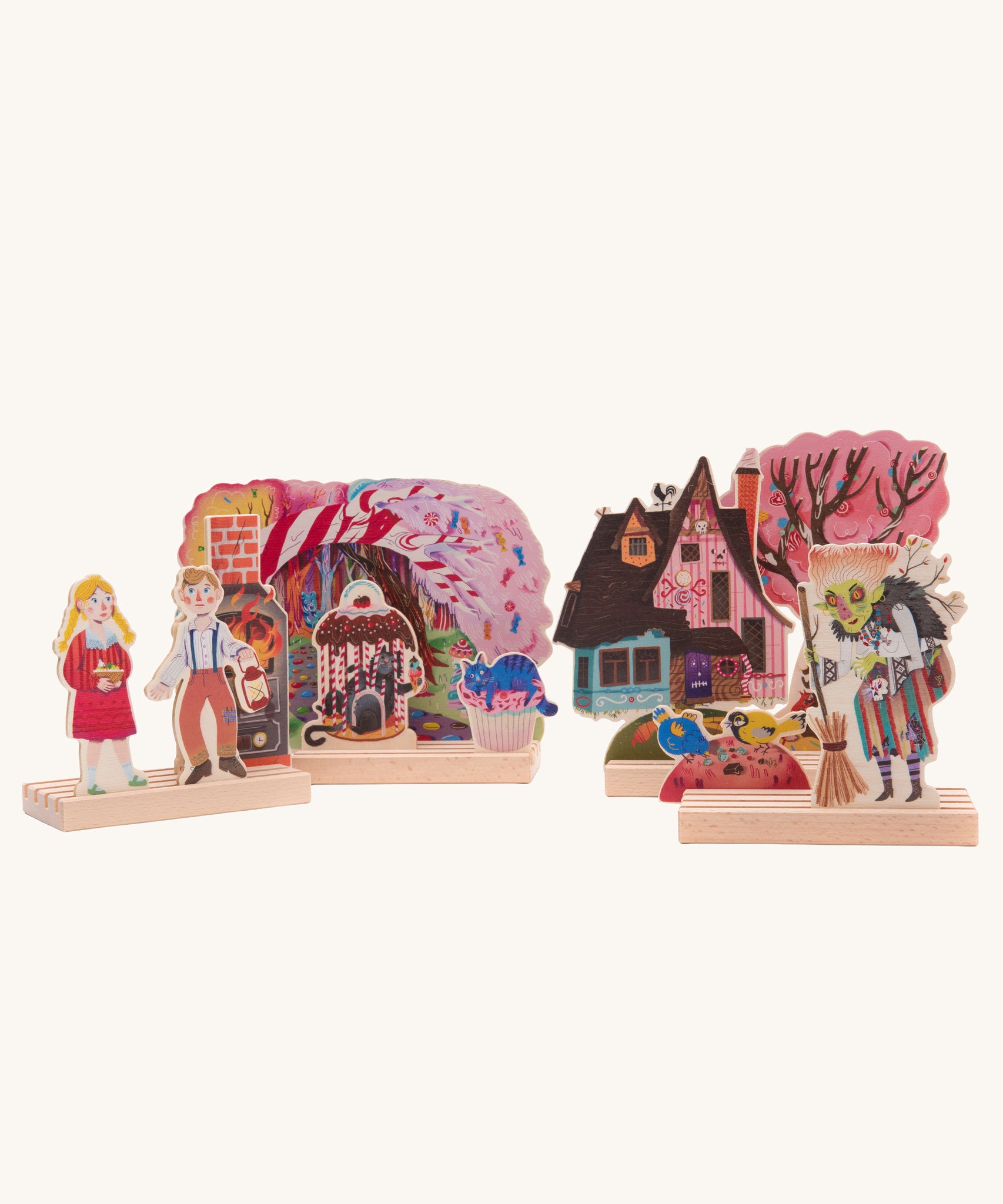Bajo Toys Hansel and Gretel Wooden Theatre play set. Wooden base pieces and Hansel and Gretel themed scenery that scenery lot into them.