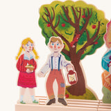 Bajo Toys Hansel and Gretel Wooden Theatre play set. Wooden base pieces and Hansel and Gretel themed scenery that scenery lot into them.