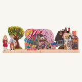 Bajo Toys Hansel and Gretel Wooden Theatre play set. Wooden base pieces and Hansel and Gretel themed scenery that scenery lot into them.