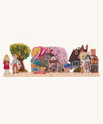 Bajo Toys Hansel and Gretel Wooden Theatre play set. Wooden base pieces and Hansel and Gretel themed scenery that scenery lot into them.