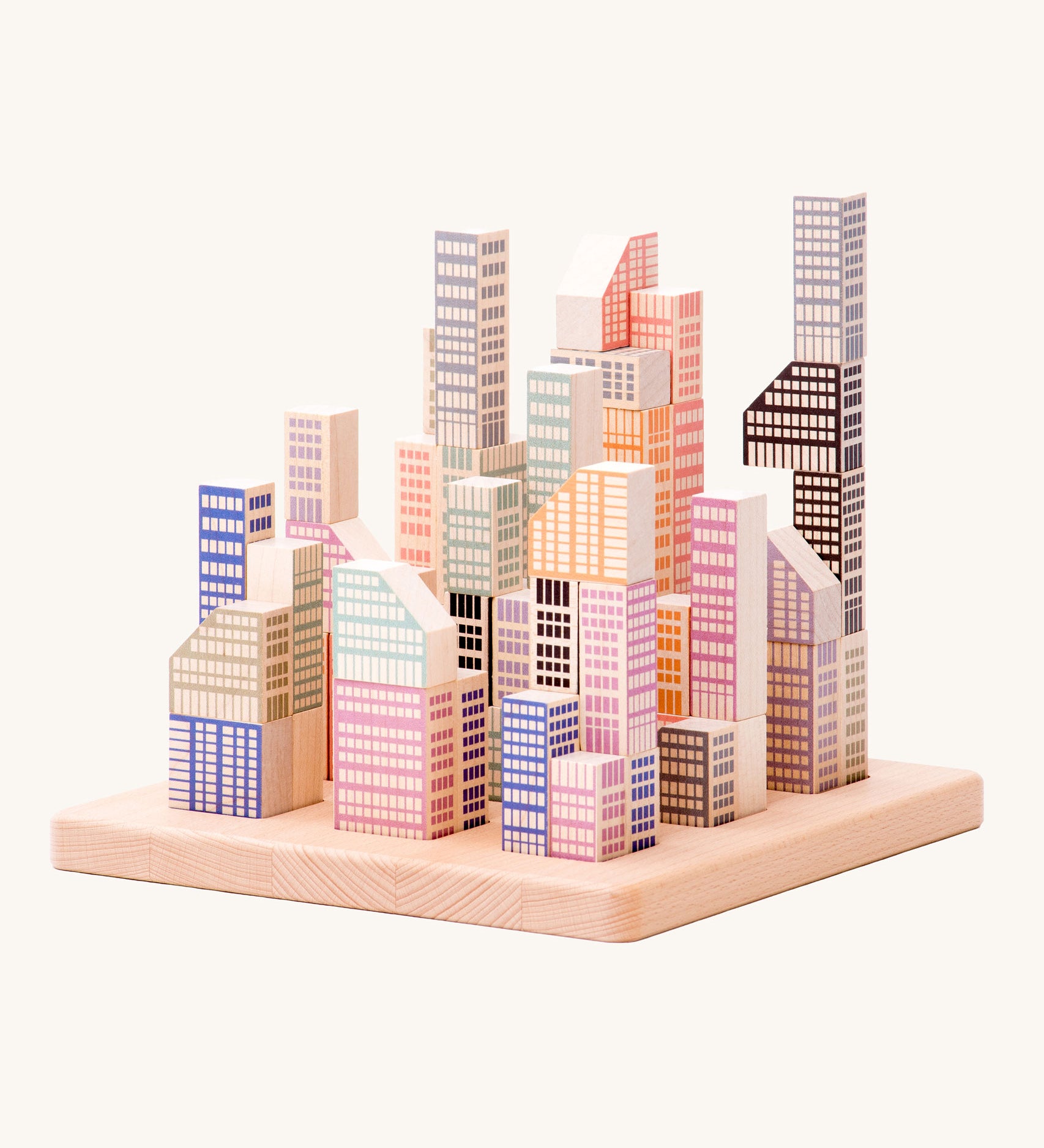 Bajo Manhattan city Blocks wooden toy blocks on a wooden base.