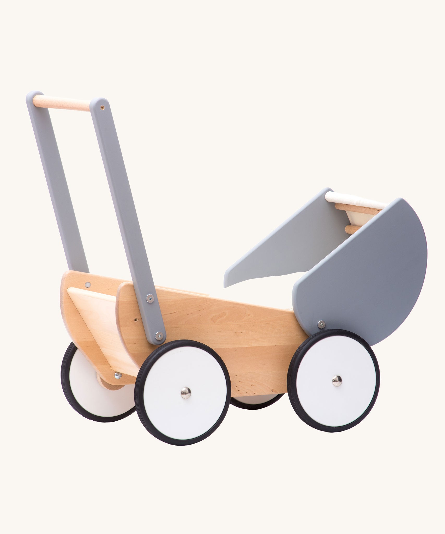Children's Bajo Monochrome wooden Doll's Pram. A natural wooden and grey painted toy pram with large wheels.