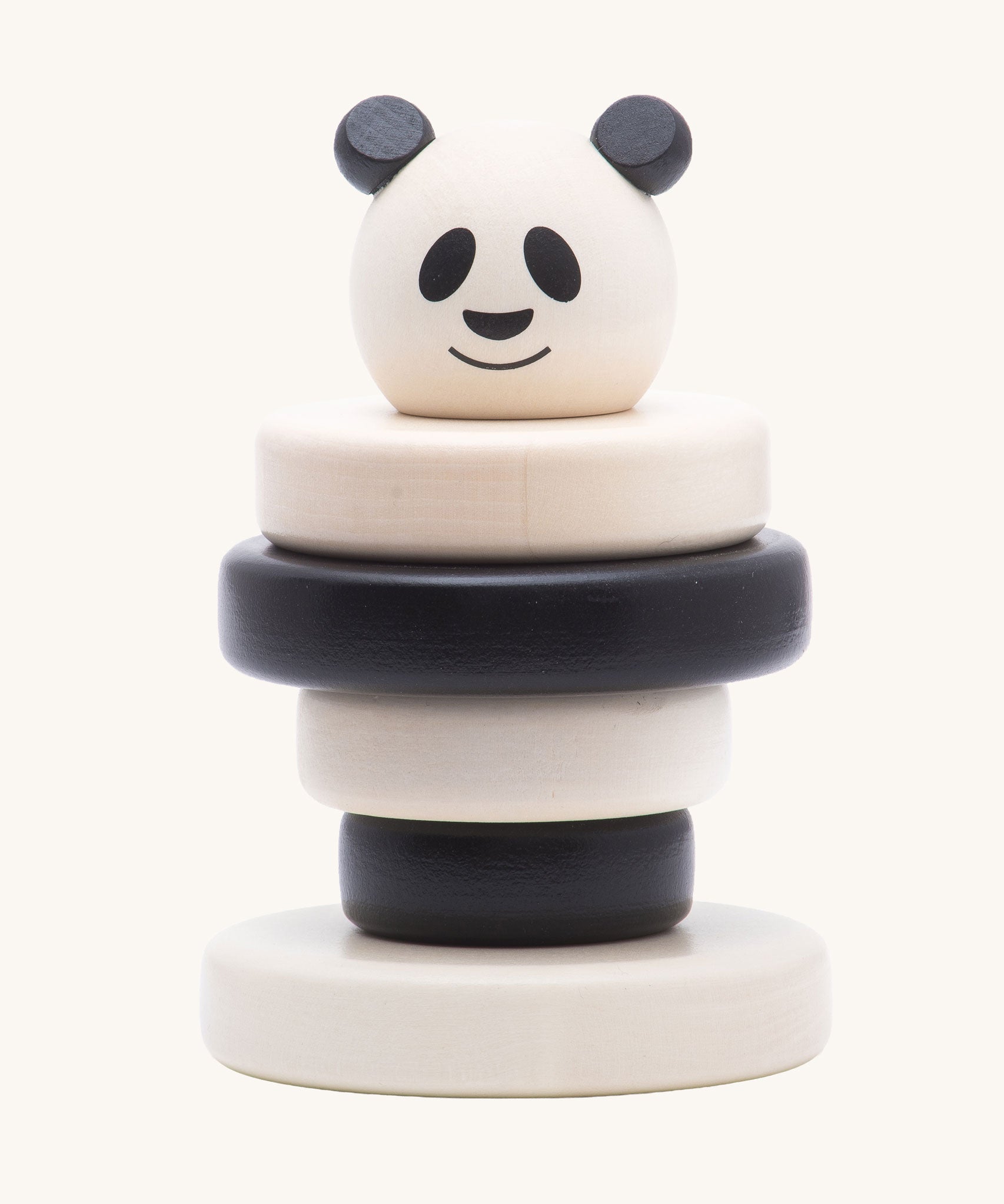 Bajo Panda Stacker wooden toy stacker. This black and white stacking toy has four removable rings and a panda head that fit onto a wooden pole and base. These heirloom quality toys by Bajo are part of a wide range of wooden toys available here at Babipur. 