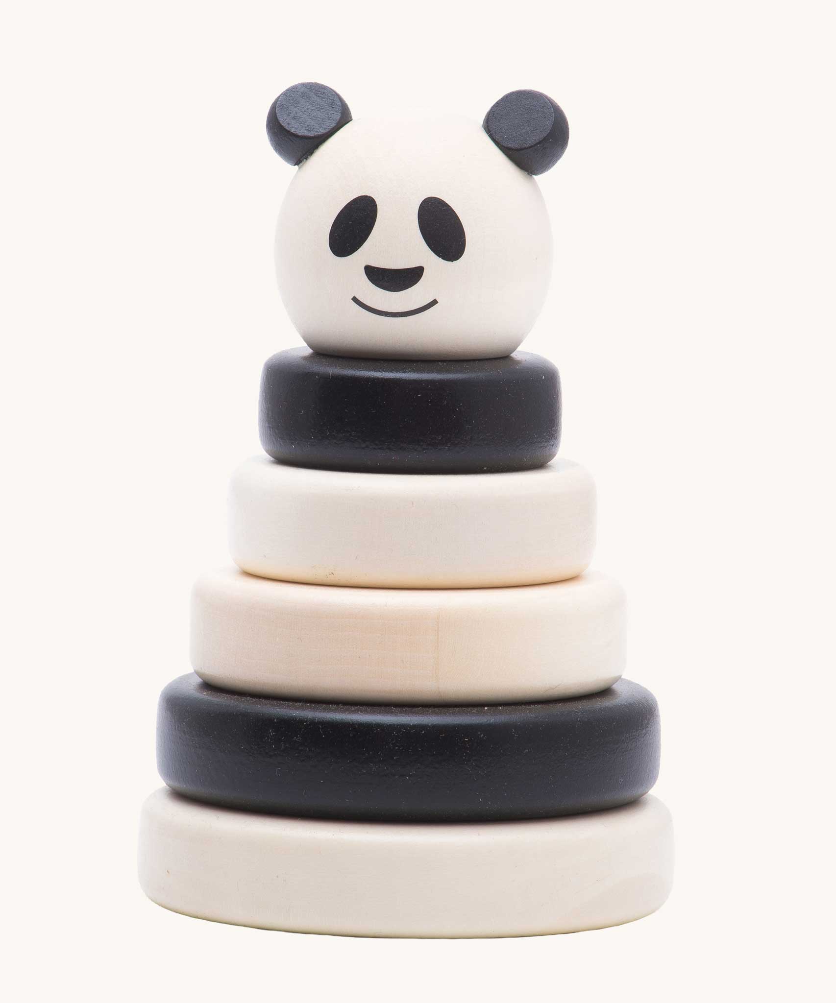 Bajo Panda Stacker wooden toy stacker. This black and white stacking toy has four removable rings and a panda head that fit onto a wooden pole and base. These heirloom quality toys by Bajo are part of a wide range of wooden toys available here at Babipur. 