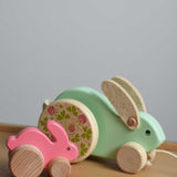 A pink coloured small and a large mint green Bajo rabbit placed next to each other on a Triclimb Miri slide  These heirloom quality toys by Bajo are part of a wide range of wooden toys available here at Babipur.
