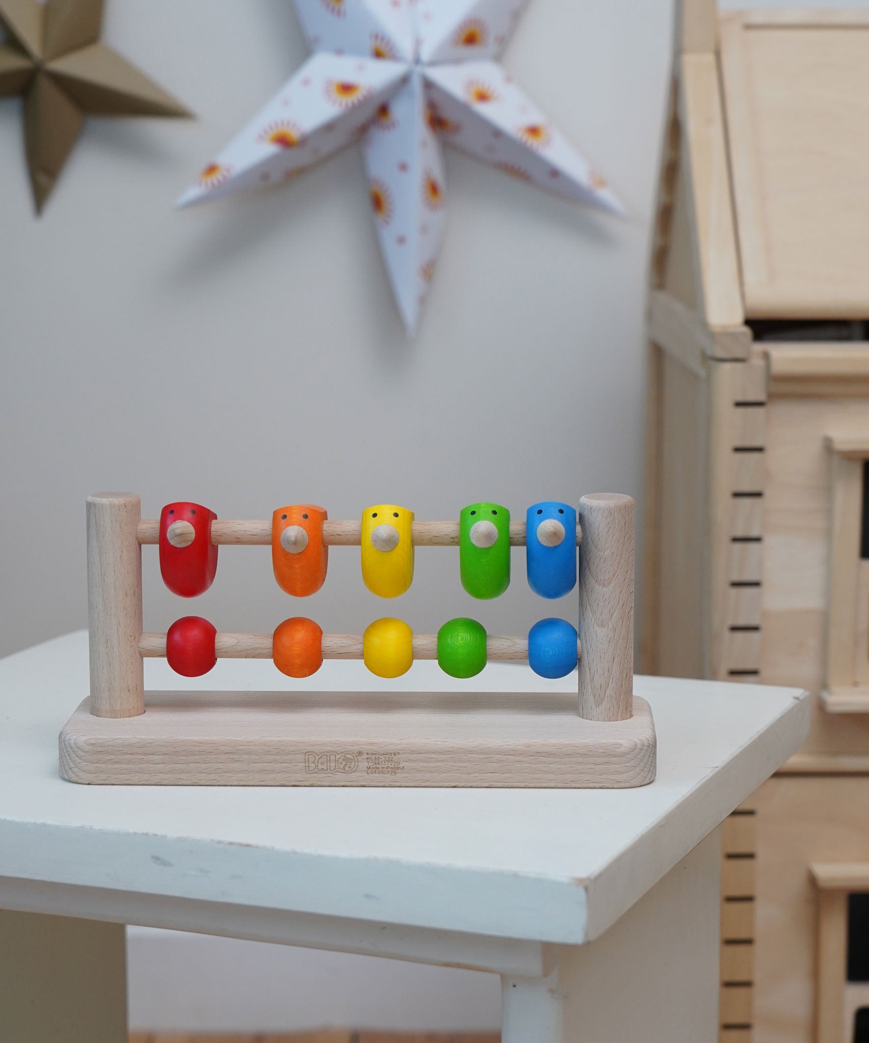 Bajo Sparrow Abacus wooden toy. This abacus has 5 little birds and 5 round counters. These heirloom quality toys by Bajo are part of a wide range of wooden toys available here at Babipur.