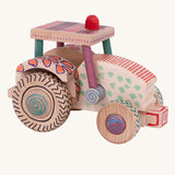 A wooden toy tractor built from the Bajo DIY Tractor kit. The tractor has been decorated with colourful patterns all over. These heirloom quality toys by Bajo are part of a wide range of wooden toys available here at Babipur. 