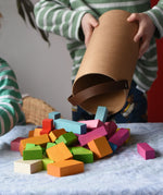 Bajo 43 wooden building blocks. 43 blocks, in 16 different shapes and 10 colours. Child tipping blocks from the sturdy cylinder shaped storage box.
