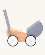 Children's Bajo Monochrome wooden Doll's Pram. A natural wooden and grey painted toy pram with large wheels.