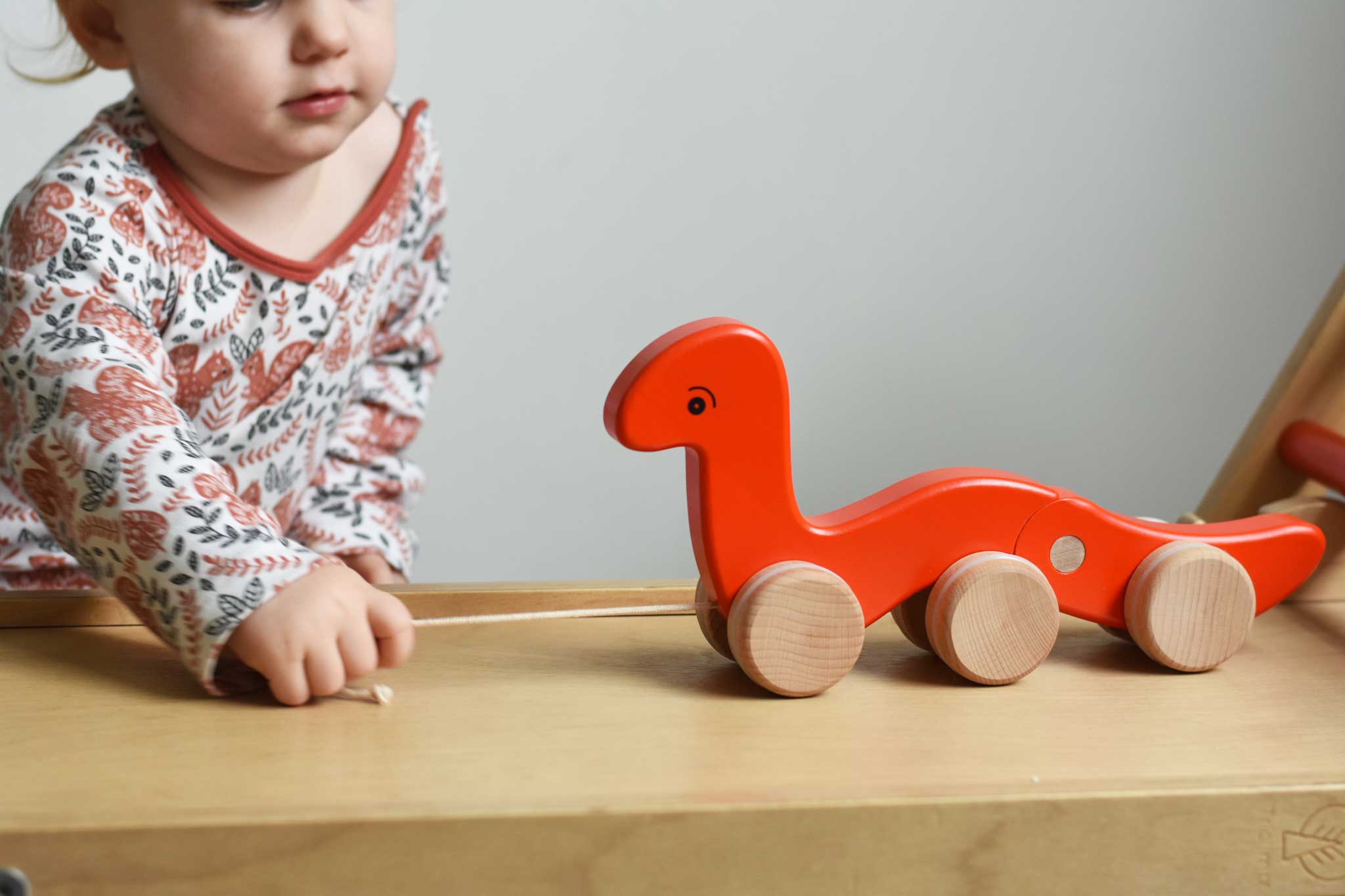 A child pulling a red coloured Bajo wriggling worm along the Miri slide. These heirloom quality toys by Bajo are part of a wide range of wooden toys available here at Babipur.  