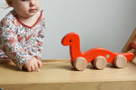 A child pulling a red coloured Bajo wriggling worm along the Miri slide. These heirloom quality toys by Bajo are part of a wide range of wooden toys available here at Babipur.  