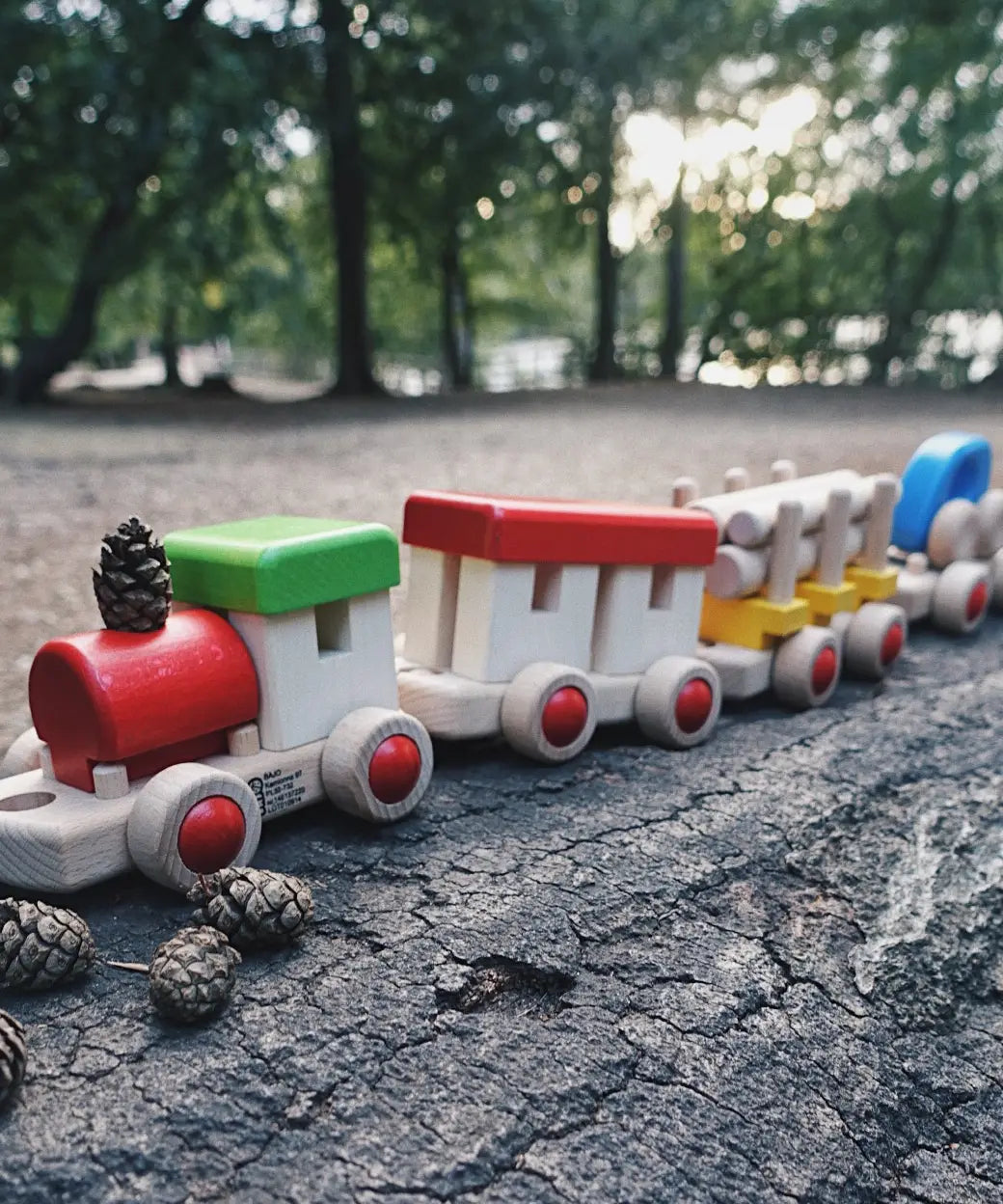 Bajo wooden train to build fully assembled and standing on a log in the park