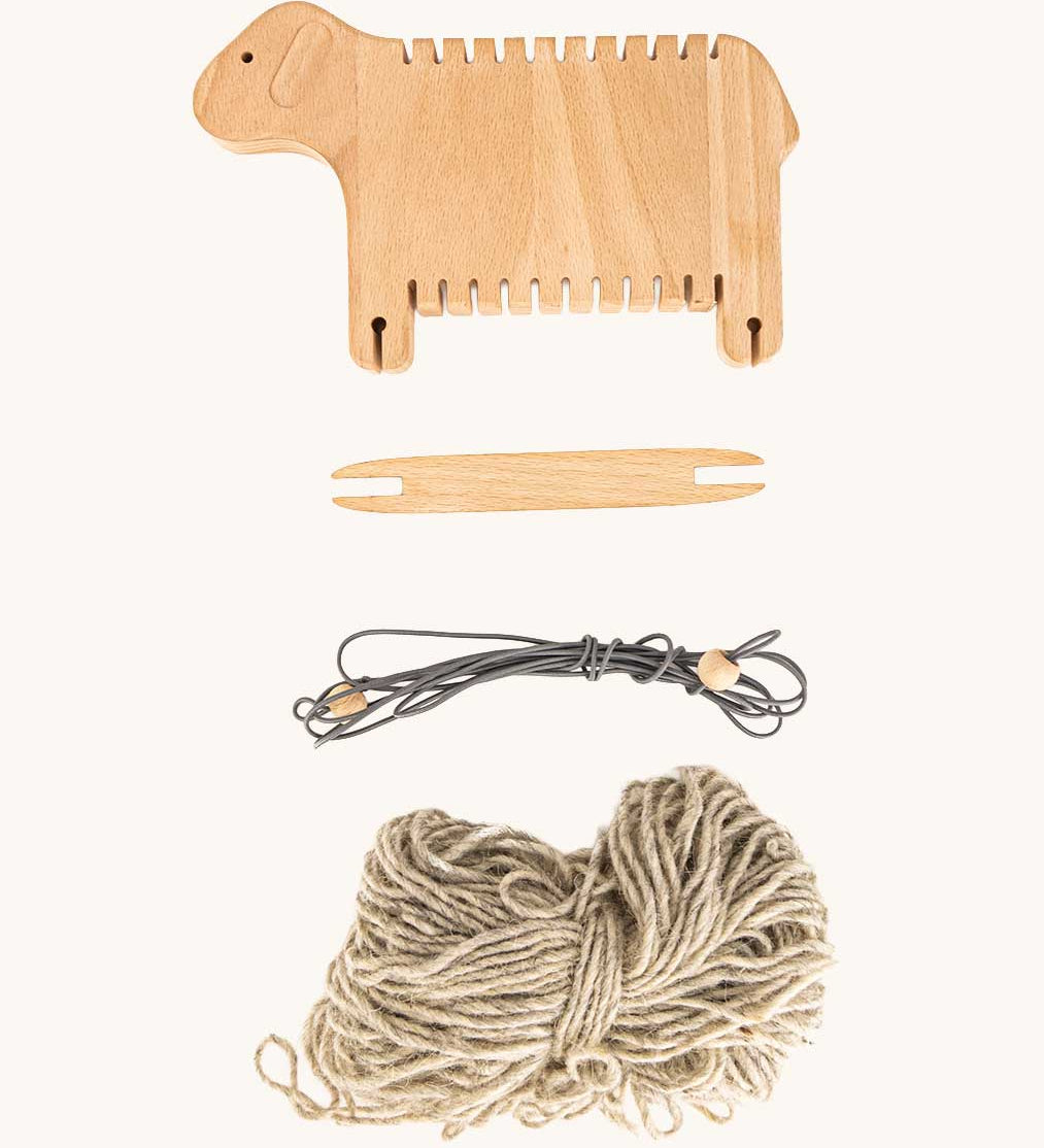 Bajo Weaving Sheep Loom in a Natural wood. The set contains all that you need to create your very  own wooly sheep.