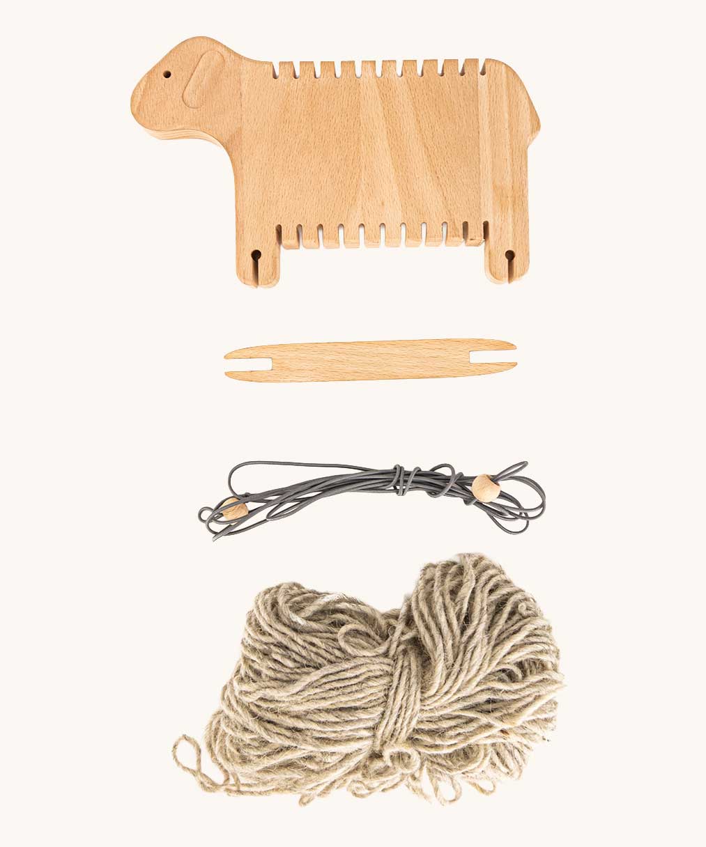 Bajo Weaving Sheep Loom in a Natural wood. The set contains all that you need to create your very  own wooly sheep.