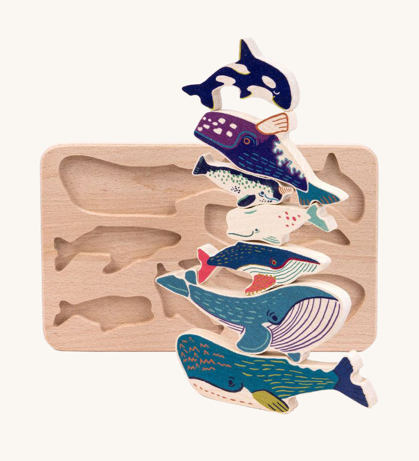 Bajo Whale Family Sorter Puzzle wooden toy. These heirloom quality toys by Bajo are part of a wide range of wooden toys available here at Babipur. 