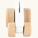 Front view of Bajo small white rabbit push along toy.