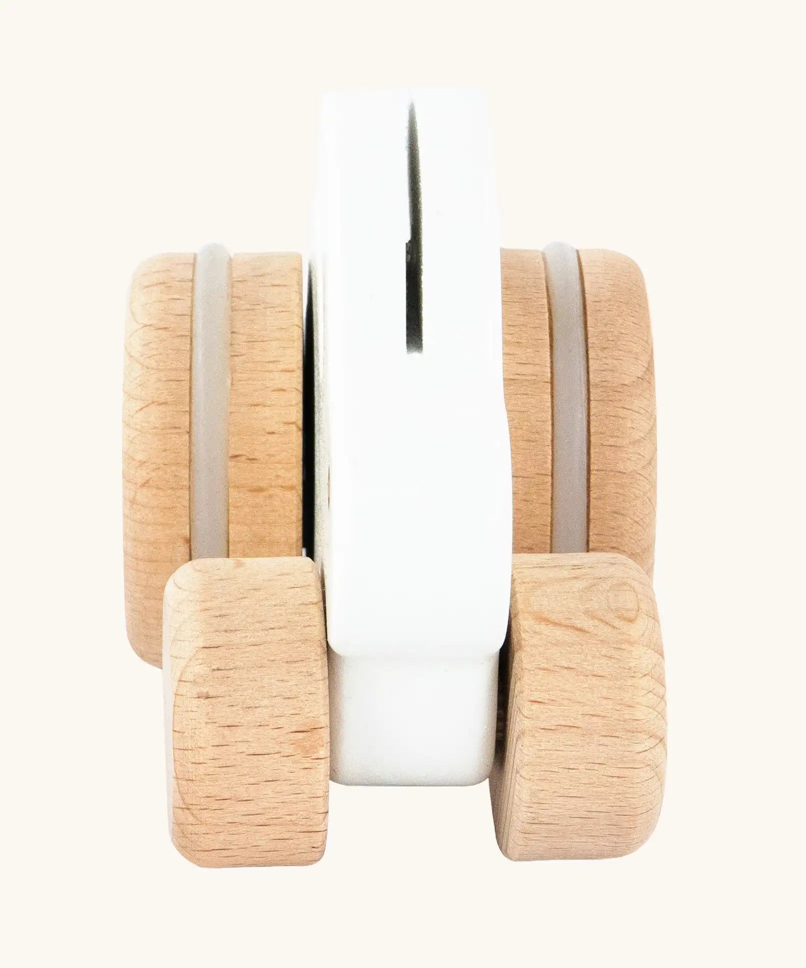 Front view of Bajo small white rabbit push along toy.