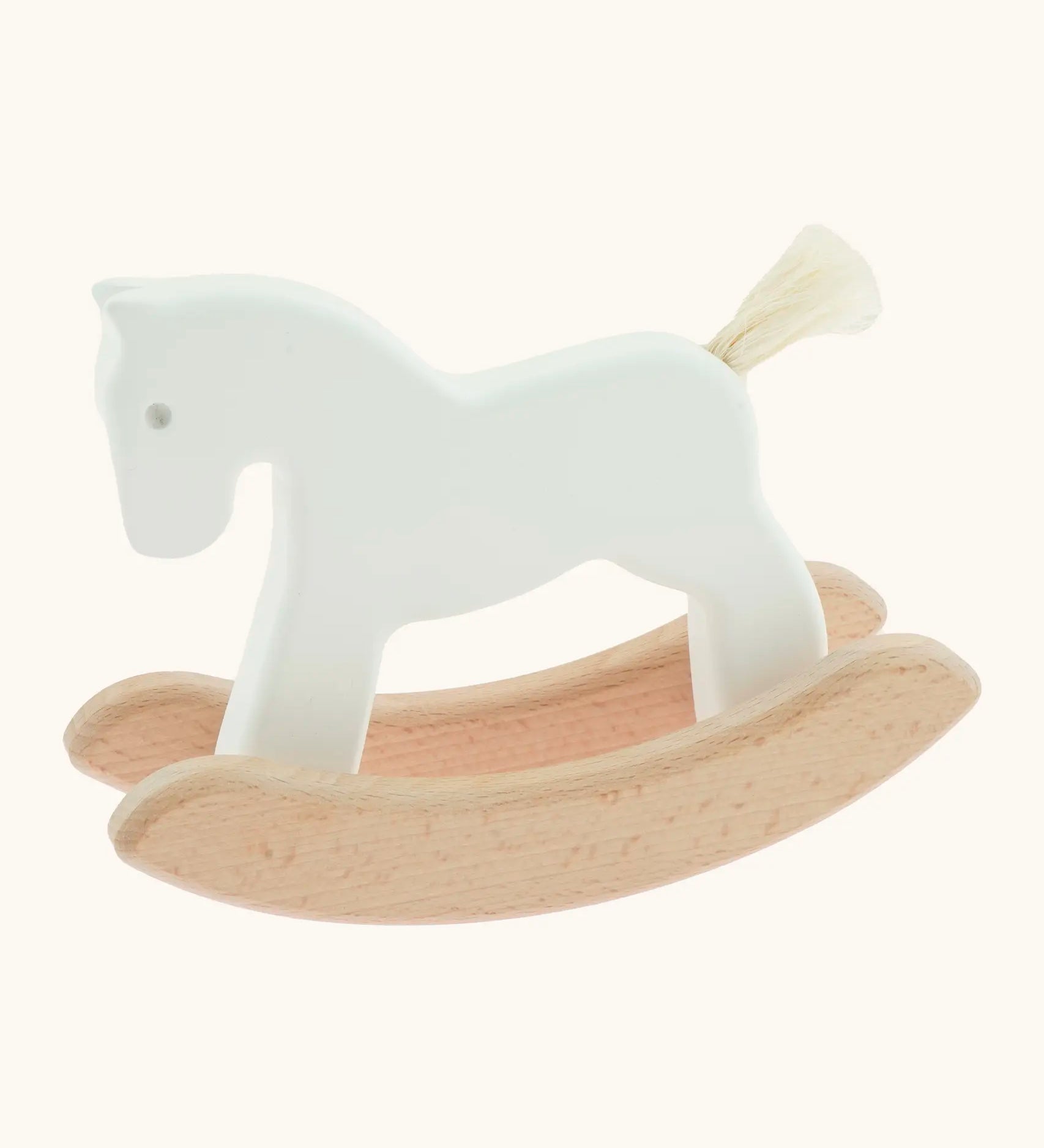 Bajo handcrafted mini wooden rocking horse in white with unpainted rockers and a soft stroke-able tail