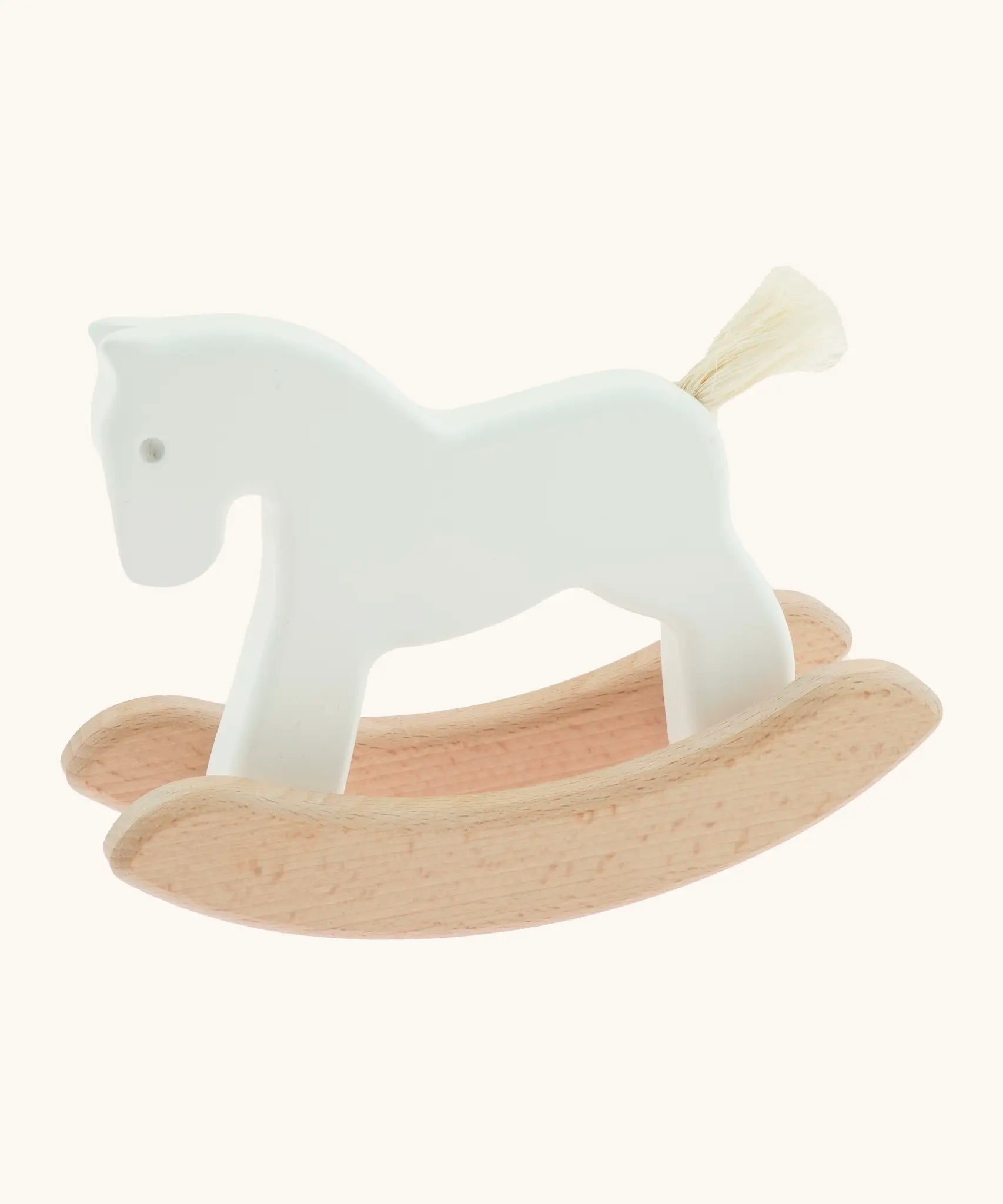 Bajo handcrafted mini wooden rocking horse in white with unpainted rockers and a soft stroke-able tail